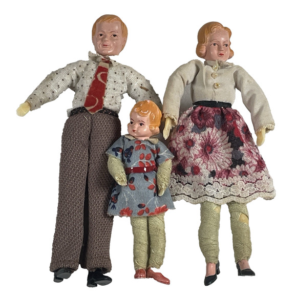 CACO Vtg Doll Family x3 Thread Wrapped Limbs Miniature Mom Dad Girl German - Picture 1 of 11